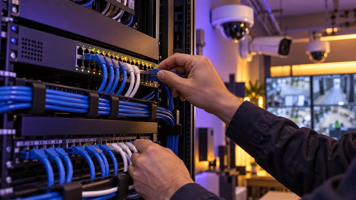 Engineer servicing a CCTV recorder and network rack
